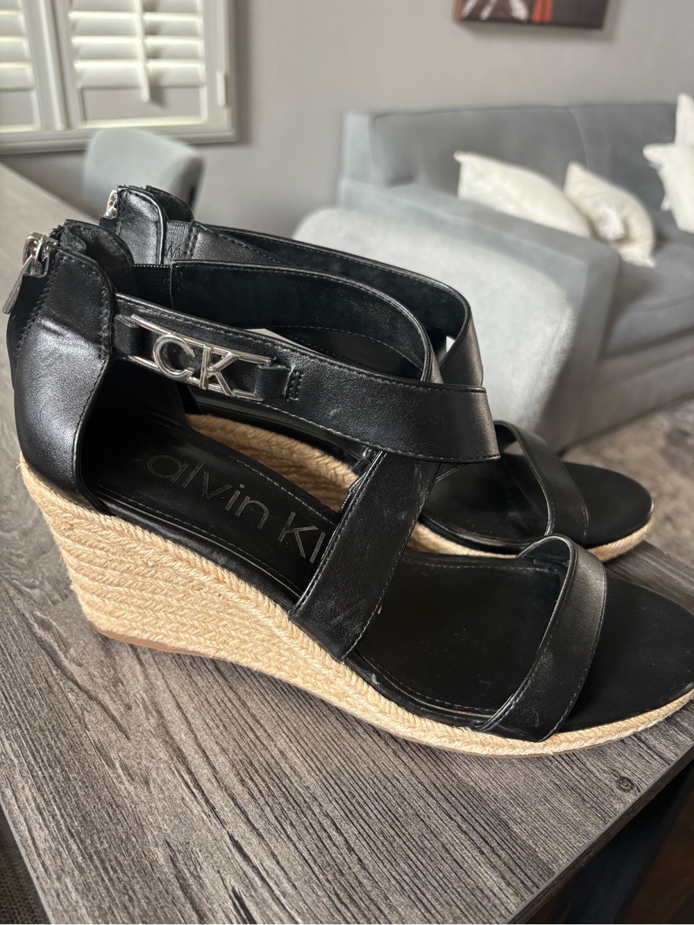 Calvin Klein Black Leather Espadrille Wedge Sandals with CK Logo